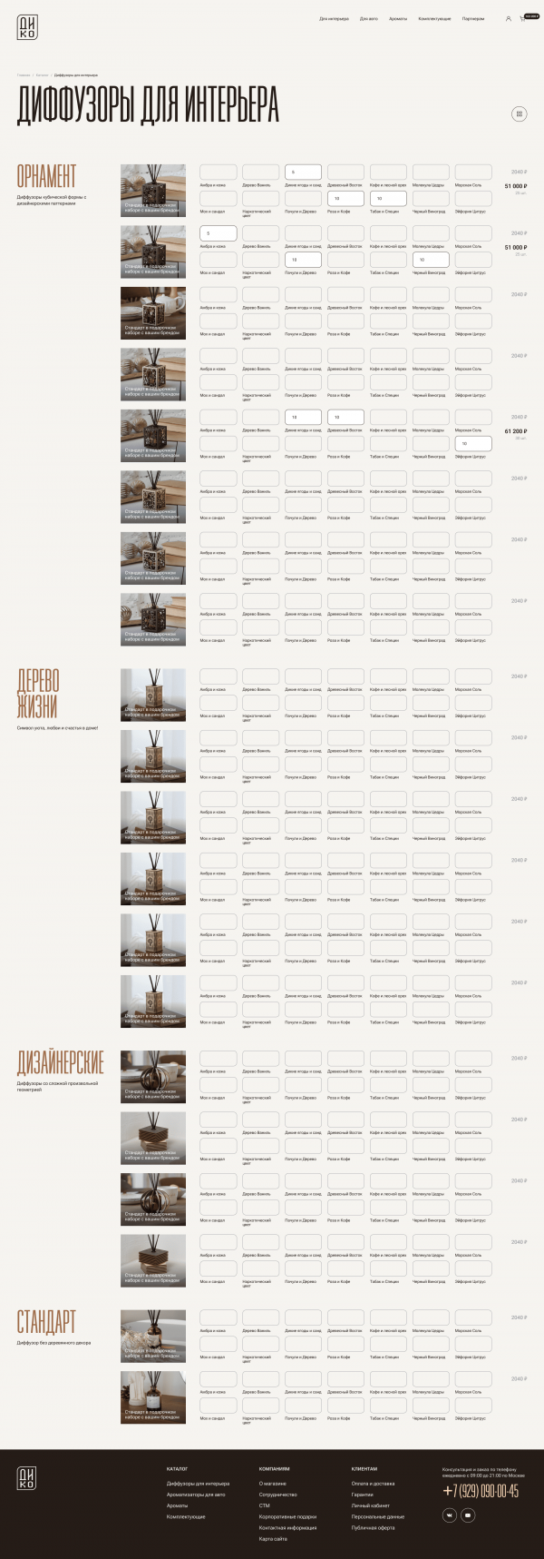 Все товары и опции одним списком